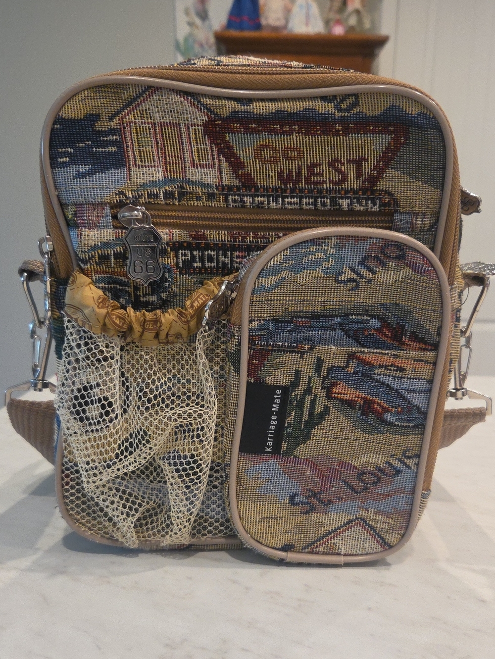 Beige Tapestry Crossbody Bag with Scenic Multi-Color Print NWOT